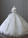 Dreamy lace off-shoulder sparkling rhinestone princess floor-length light luxury heavy-duty wedding dress HZ1022
