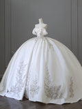 Exquisite white hand-embroidered luxurious off-the-shoulder satin wedding dress HZ1022