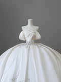 Exquisite white hand-embroidered luxurious off-the-shoulder satin wedding dress HZ1022