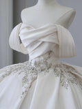 Exquisite white hand-embroidered luxurious off-the-shoulder satin wedding dress HZ1022