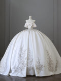 Exquisite white hand-embroidered luxurious off-the-shoulder satin wedding dress HZ1022