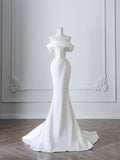 Simple White Mermaid Pleated One Shoulder Wedding Dress with Train HZ1022