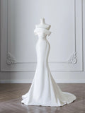 Simple White Mermaid Pleated One Shoulder Wedding Dress with Train HZ1022