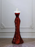 Unique Red Mermaid Velvet Beaded Fitted Floor-Length Prom Dress HZ1022
