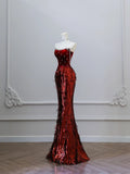 Unique Red Mermaid Velvet Beaded Fitted Floor-Length Prom Dress HZ1022