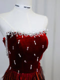 Unique Red Mermaid Velvet Beaded Fitted Floor-Length Prom Dress HZ1022
