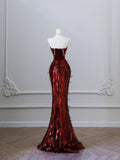 Unique Red Mermaid Velvet Beaded Fitted Floor-Length Prom Dress HZ1022