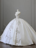 Elegant White Beaded Strapless Satin Floor-Length Wedding Dress HZ1022