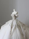 Dreamy Tulle Off-the-shoulder Beaded Luxury Floor-length Wedding Dress HZ1022