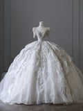 White Short Sleeve Heavy Lace Diamond Round Neck Floor-Length Wedding Dress HZ1022
