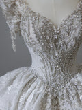 White Short Sleeve Heavy Lace Diamond Round Neck Floor-Length Wedding Dress HZ1022