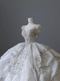 White Short Sleeve Heavy Lace Diamond Round Neck Floor-Length Wedding Dress HZ1022