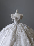 White Short Sleeve Heavy Lace Diamond Round Neck Floor-Length Wedding Dress HZ1022