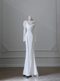 Elegant White Asymmetric Off-the-shoulder Long Sleeve Lace Applique Satin Mermaid Wedding Dress HZ1022