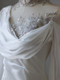 Elegant White Asymmetric Off-the-shoulder Long Sleeve Lace Applique Satin Mermaid Wedding Dress HZ1022