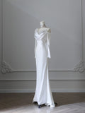 Elegant White Asymmetric Off-the-shoulder Long Sleeve Lace Applique Satin Mermaid Wedding Dress HZ1022
