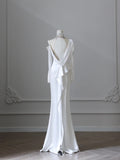 Elegant White Asymmetric Off-the-shoulder Long Sleeve Lace Applique Satin Mermaid Wedding Dress HZ1022