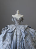 Dreamy Blue Gradient Off-the-shoulder Beaded Luxury Floor-length Wedding Dress HZ1022