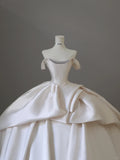 Elegant and simple satin off-shoulder white floor-length wedding dress HZ1022