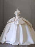 Elegant and simple satin off-shoulder white floor-length wedding dress HZ1022