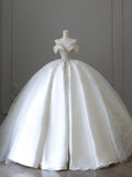 Elegant Sweetheart Neckline Off-the-shoulder Shiny Beaded Satin Floor-length Wedding Dress HZ1022