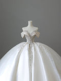 Elegant Sweetheart Neckline Off-the-shoulder Shiny Beaded Satin Floor-length Wedding Dress HZ1022