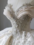 Elegant Sweetheart Neckline Off-the-shoulder Shiny Beaded Satin Floor-length Wedding Dress HZ1022