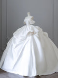 Elegant and simple white satin 3D rose floor-length wedding dress HZ1022
