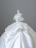 Elegant and simple white satin 3D rose floor-length wedding dress HZ1022