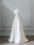 Elegant white simple one-shoulder satin bow applique floor-length wedding dress HZ1022