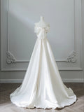 Elegant white simple one-shoulder satin bow applique floor-length wedding dress HZ1022