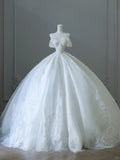 Elegant White Lace Off-shoulder Tulle Floor-length Wedding Dress HZ1022