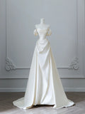 Elegant White Satin Off-the-shoulder Beaded Floor-length Wedding Dress HZ1022