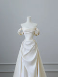 Elegant White Satin Off-the-shoulder Beaded Floor-length Wedding Dress HZ1022