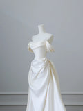Elegant White Satin Off-the-shoulder Beaded Floor-length Wedding Dress HZ1022