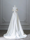 Elegant White Satin Off-the-shoulder Beaded Floor-length Wedding Dress HZ1022
