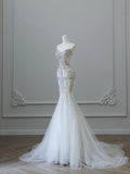 Elegant White Mermaid Off-the-Shoulder Bodycon Beaded Tulle Floor-Length Wedding Dress HZ1022
