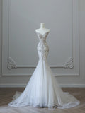 Elegant White Mermaid Off-the-Shoulder Bodycon Beaded Tulle Floor-Length Wedding Dress HZ1022