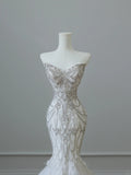 Elegant White Mermaid Off-the-Shoulder Bodycon Beaded Tulle Floor-Length Wedding Dress HZ1022