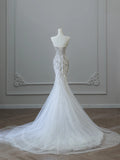 Elegant White Mermaid Off-the-Shoulder Bodycon Beaded Tulle Floor-Length Wedding Dress HZ1022
