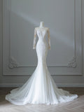 Vintage Lace Round Neck Long Sleeve Mermaid Tulle Wedding Dress HZ1022