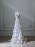 Unique and Elegant Colorblock Shiny Sequin Beaded Off-the-shoulder Floor-length Wedding Dress HZ1022