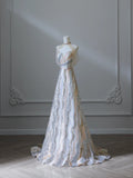 Unique and Elegant Colorblock Shiny Sequin Beaded Off-the-shoulder Floor-length Wedding Dress HZ1022