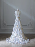 Unique and Elegant Colorblock Shiny Sequin Beaded Off-the-shoulder Floor-length Wedding Dress HZ1022