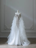 Chic Flowy White Glitter Mermaid Tulle Wedding Dress HZ1022