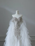 Chic Flowy White Glitter Mermaid Tulle Wedding Dress HZ1022