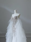 Chic Flowy White Glitter Mermaid Tulle Wedding Dress HZ1022