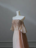 Elegant Champagne Tassel One Shoulder Beaded Prom Dress HZ1022