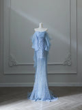 Aqua Blue Elegant Flowing Sequined Tulle Mermaid Prom Dress HZ1022