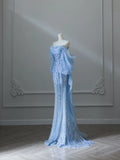 Aqua Blue Elegant Flowing Sequined Tulle Mermaid Prom Dress HZ1022